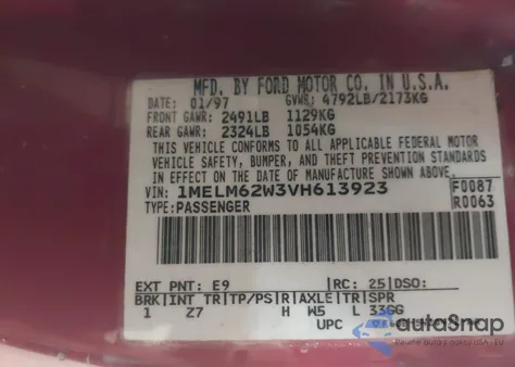 1997 Mercury Cougar Xr7 from USA, damaged, VIN 1MELM62W3VH613923